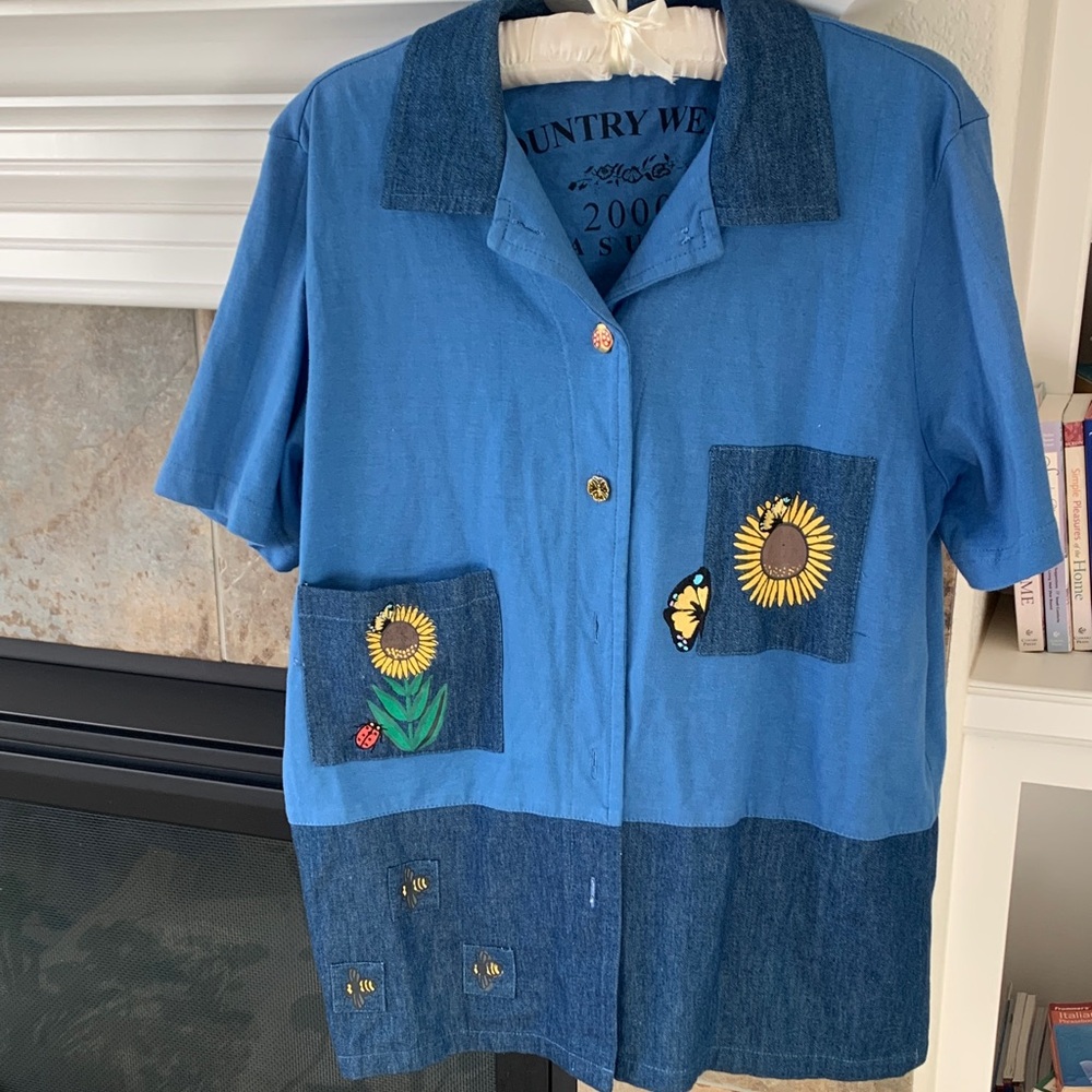 Sunflower Embroidered Blue Button Down Shirt